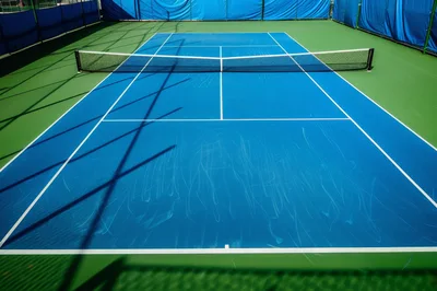 Empty Blue Tennis Court With Net