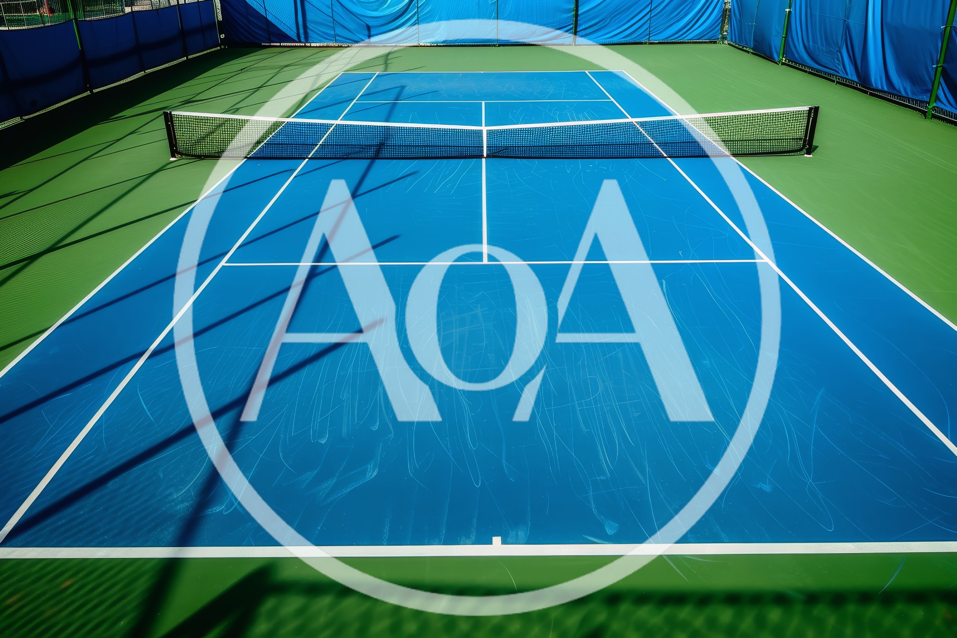 Empty Blue Tennis Court With Net