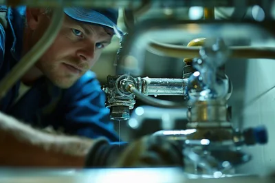 Professional Plumber Inspecting Leaking Sink Pipe