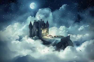 Surreal Fantasy Castle Bed Floating In Night Sky