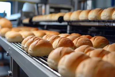 Fresh Bread Rolls Moving Along Industrial Conveyor Belt