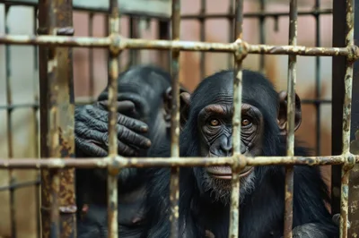 Two Chimpanzees Behind Metal Bars in Captivity