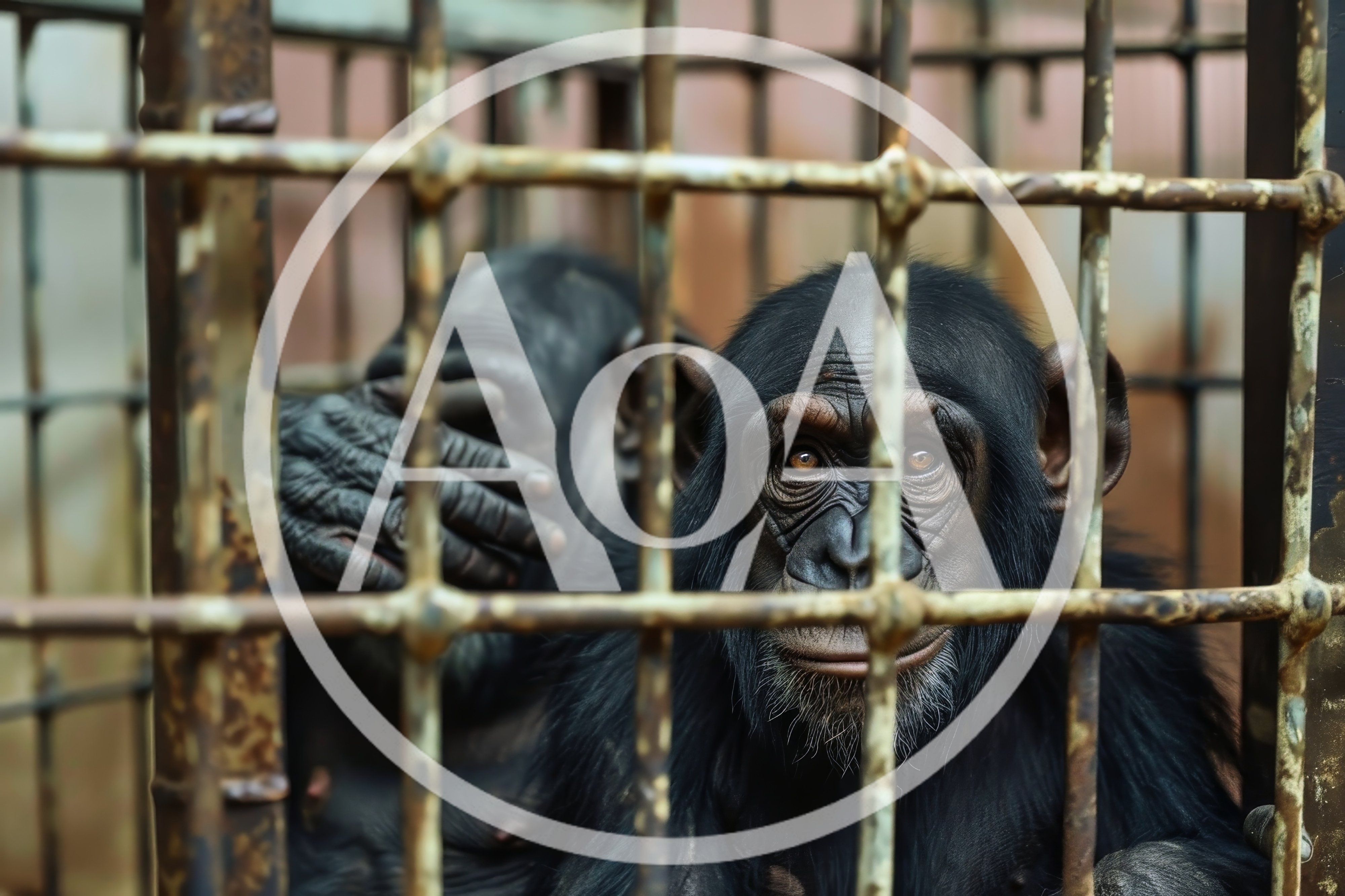Two Chimpanzees Behind Metal Bars in Captivity