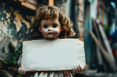 Vintage Doll Holding A Blank Sign