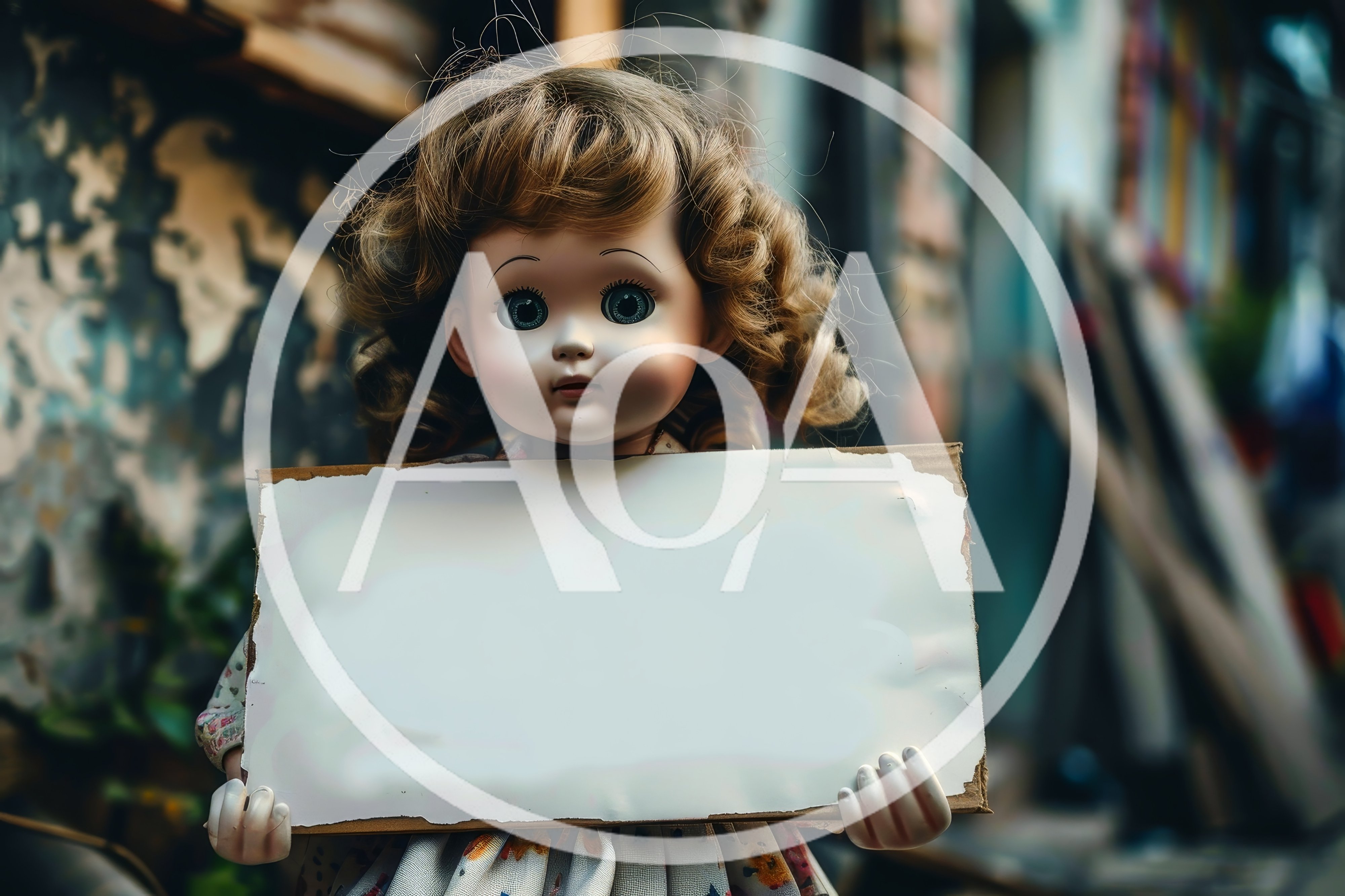 Vintage Doll Holding A Blank Sign