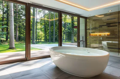 Modern Bathroom With Freestanding Bathtub And Forest View