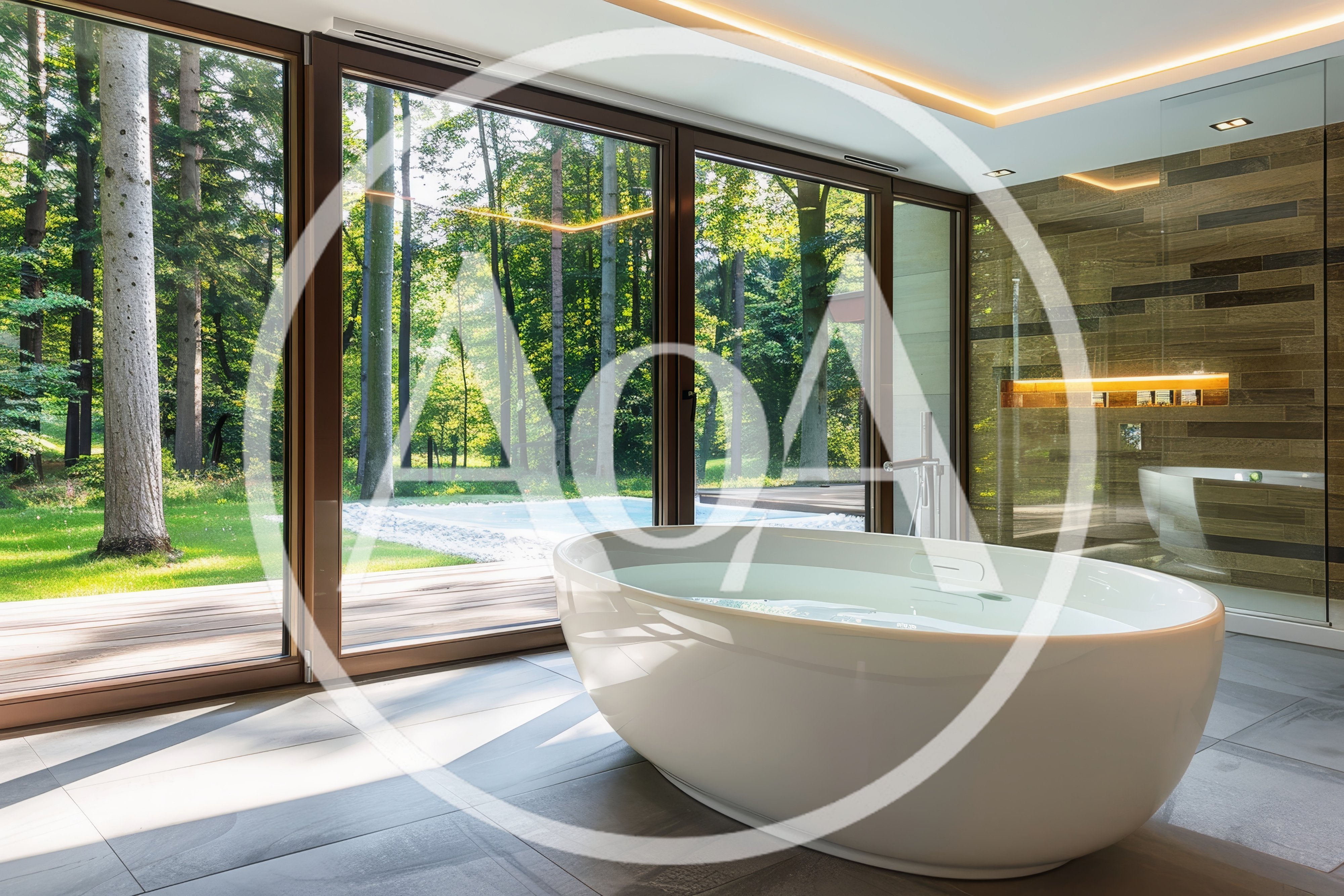 Modern Bathroom With Freestanding Bathtub And Forest View