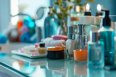 Luxury Skincare Products Arranged On A Bathroom Vanity