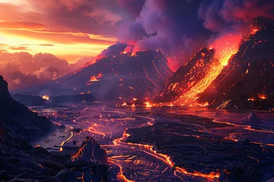 Volcanic Eruption With Glowing Lava Flows At Sunset