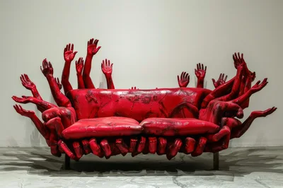 Surreal Red Sofa Covered In Sculpted Human Arms