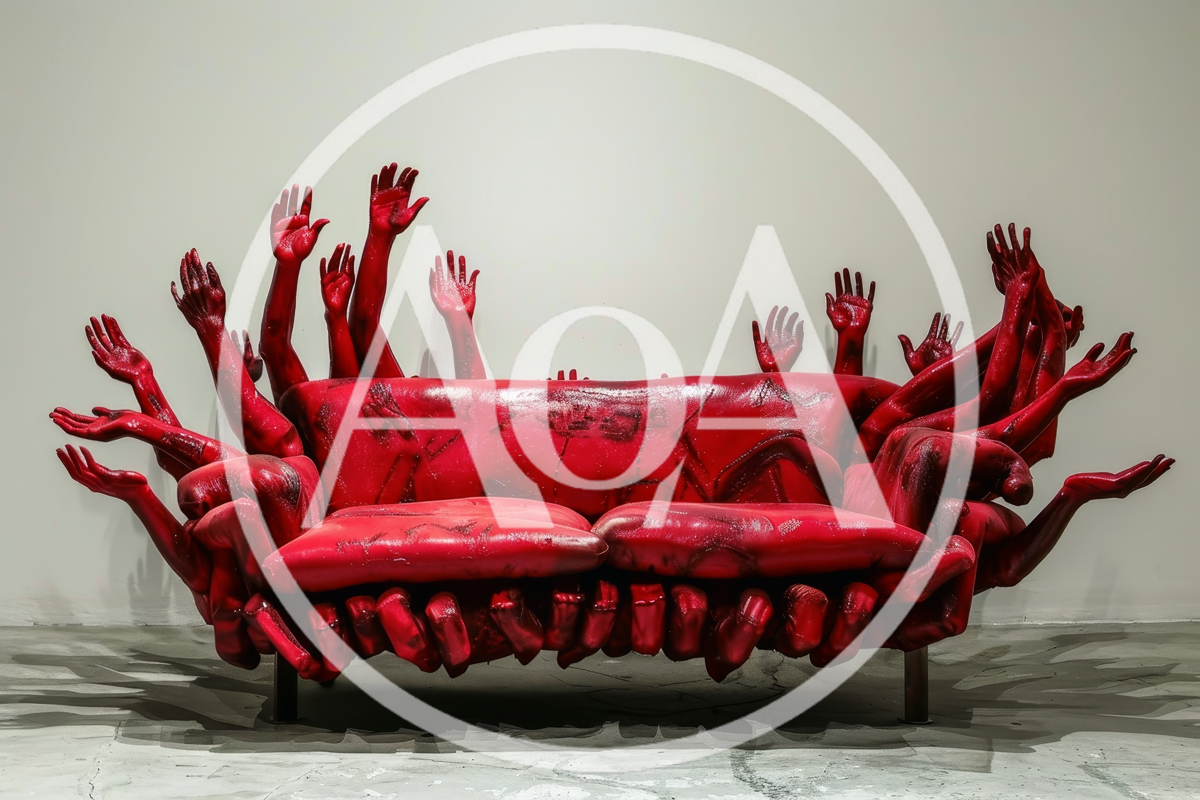Surreal Red Sofa Covered In Sculpted Human Arms