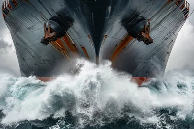 Massive Cargo Ship Bow Cutting Through Rough Ocean Waves