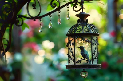Decorative Birdcage Lantern Hanging in a Lush Garden