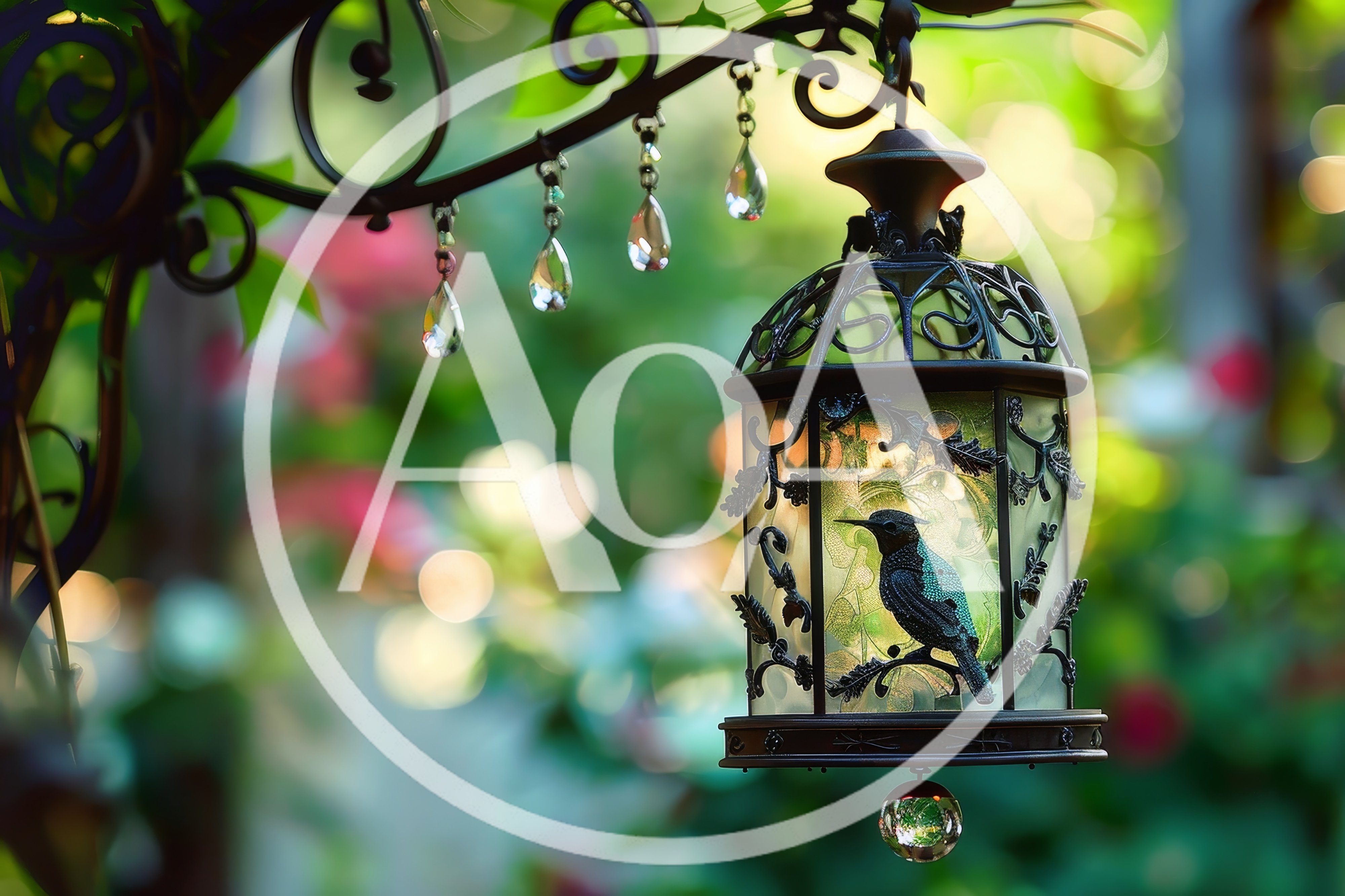 Decorative Birdcage Lantern Hanging in a Lush Garden