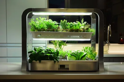 Indoor Hydroponic Herb Garden System On Kitchen Counter
