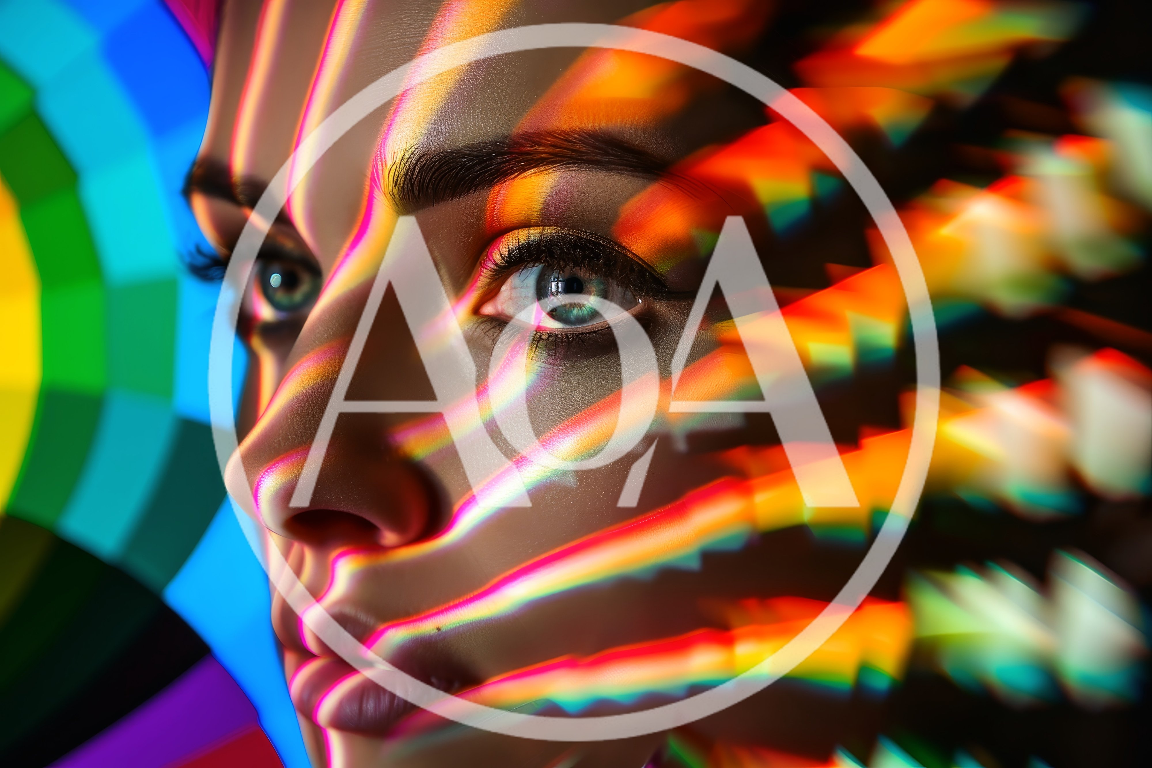 Close Up Portrait Of Woman With Rainbow Light Effects