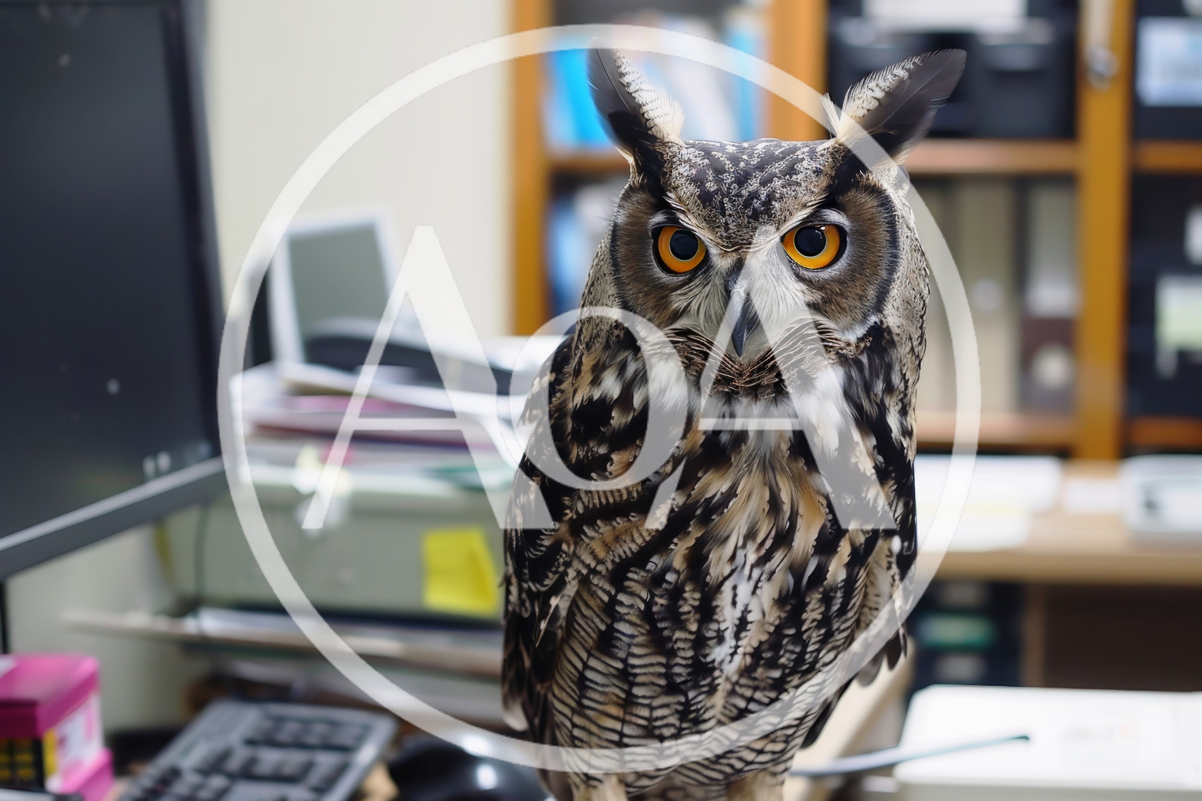 Great Horned Owl Perched Inside A Professional Office