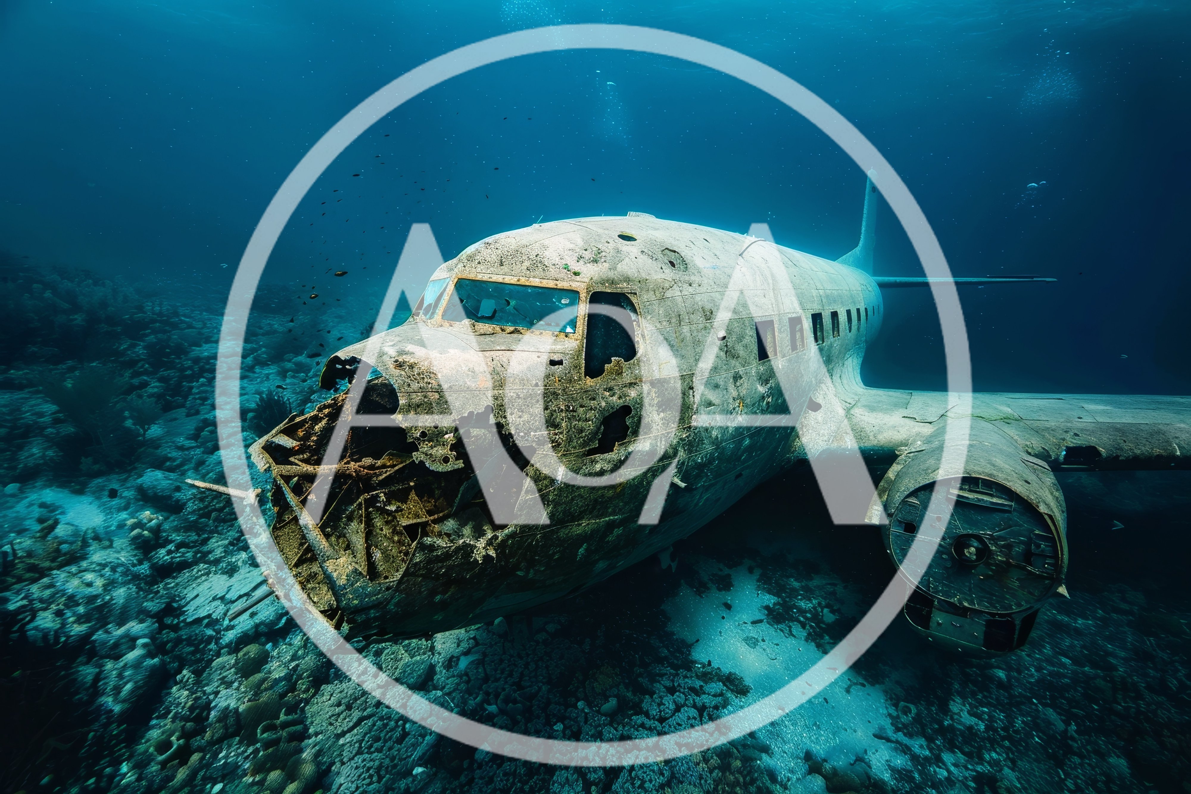 Sunken Airplane Wreck Underwater On The Ocean Floor