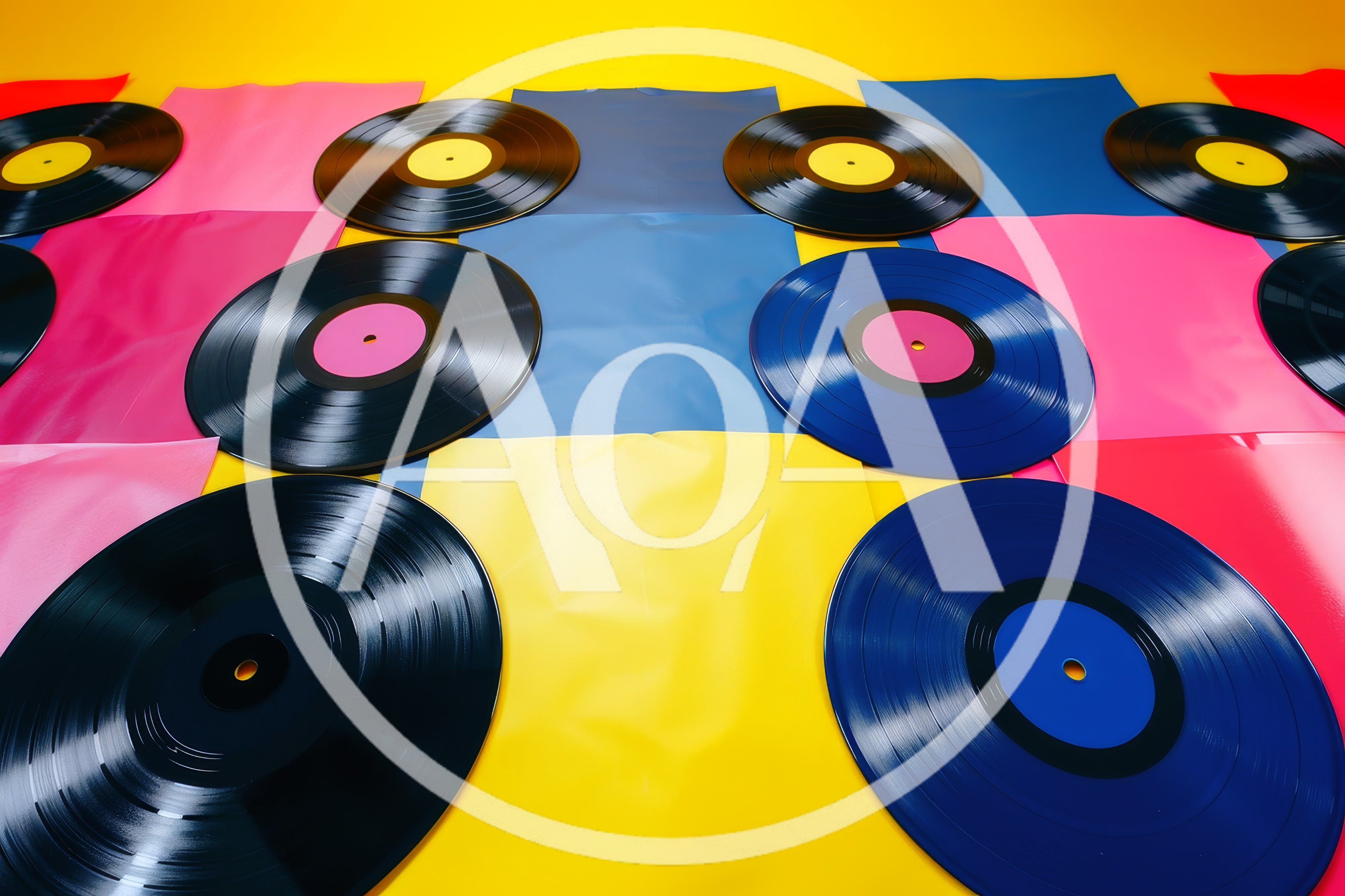 Vinyl Records Arranged on Colorful Background