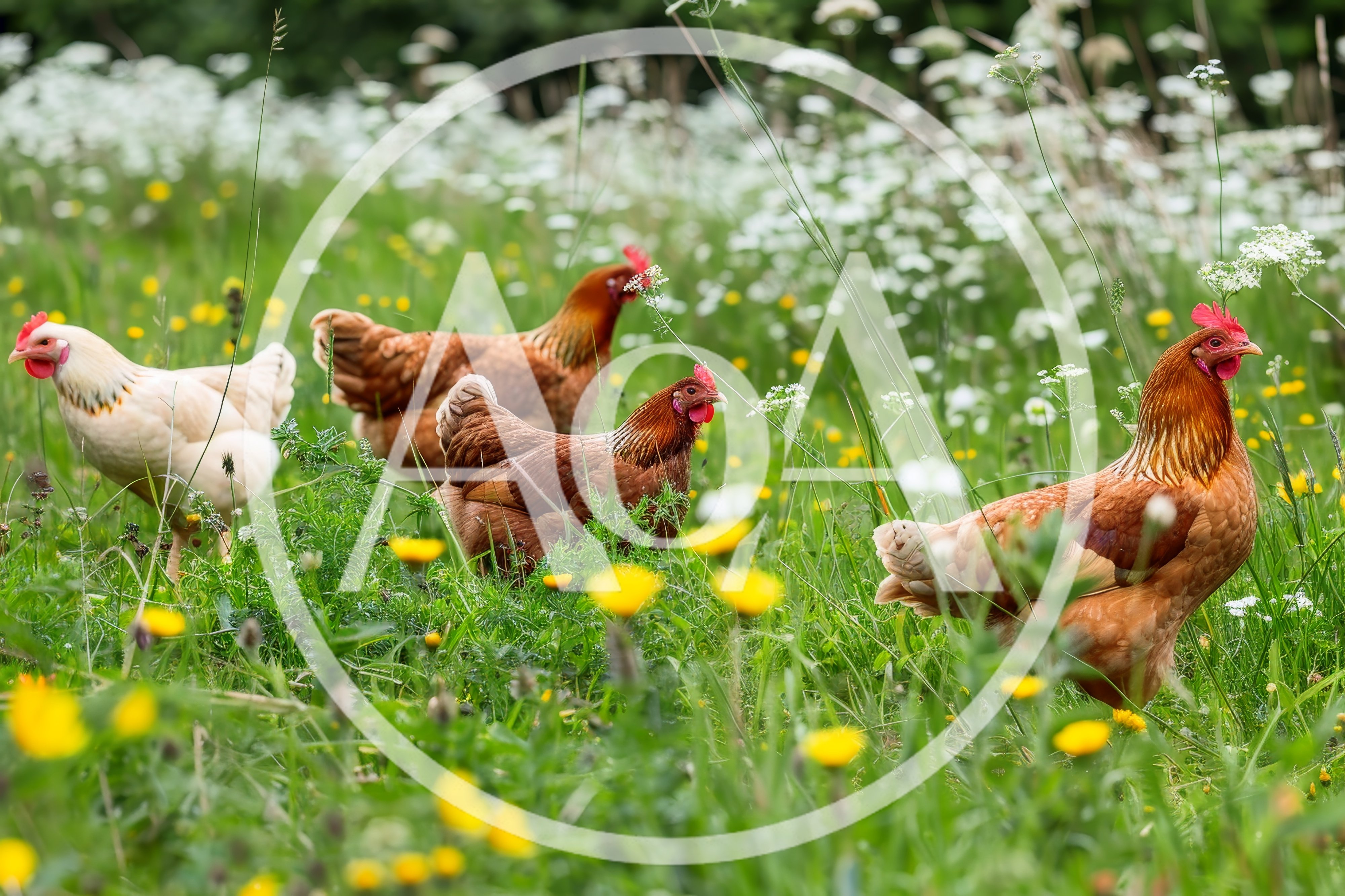 Free Range Chickens Foraging in a Wildflower Meadow