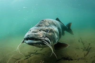 Large Wels Catfish Swimming Underwater In Murky Water
