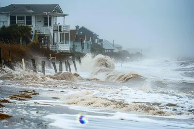 Storm Surge Waves Crashing Against Coastal Beach Houses