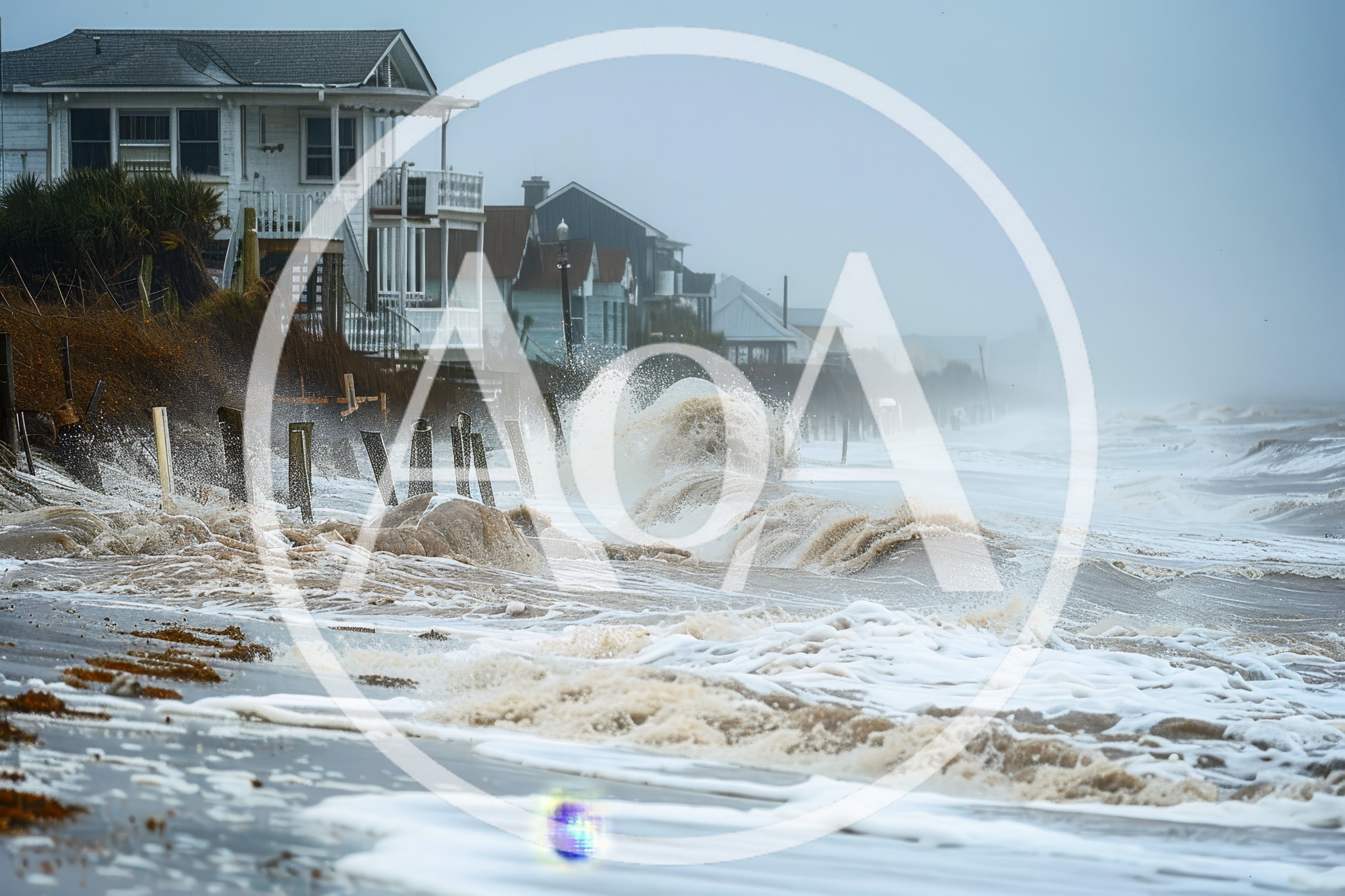 Storm Surge Waves Crashing Against Coastal Beach Houses