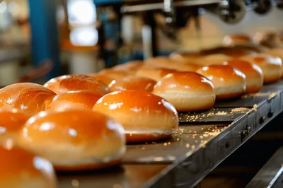 Freshly Baked Buns Moving Along Industrial Conveyor Belt