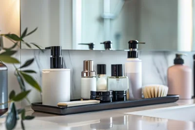 Modern Bathroom Vanity Countertop With Skincare Products