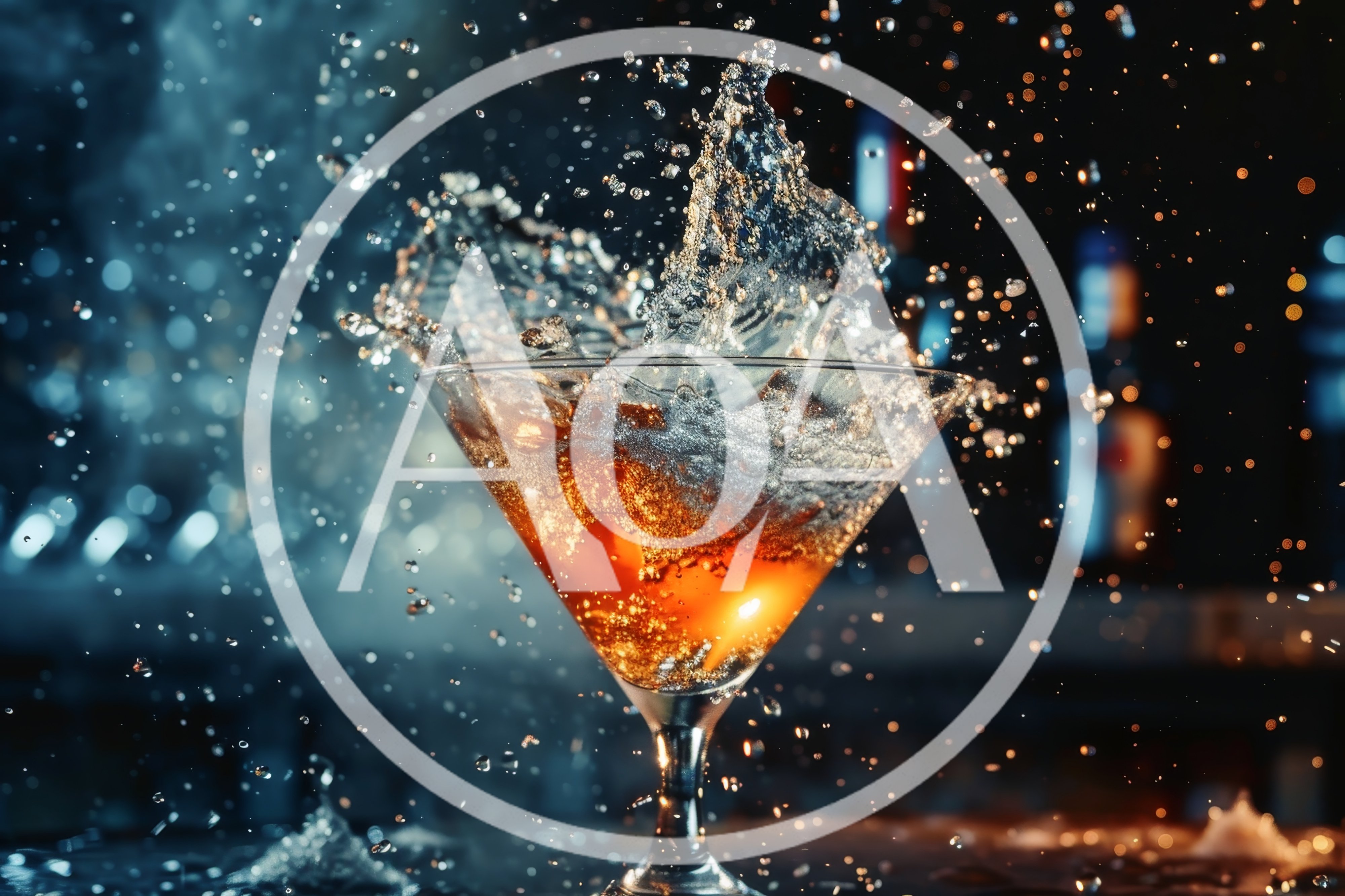 Dynamic Splash Of Amber Cocktail In Martini Glass