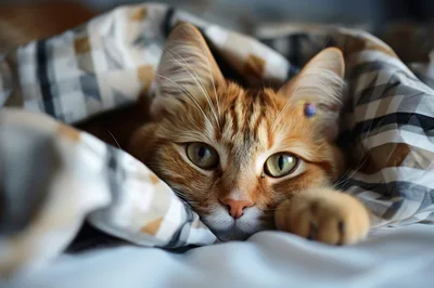 Cozy Ginger Cat Resting Under A Plaid Blanket