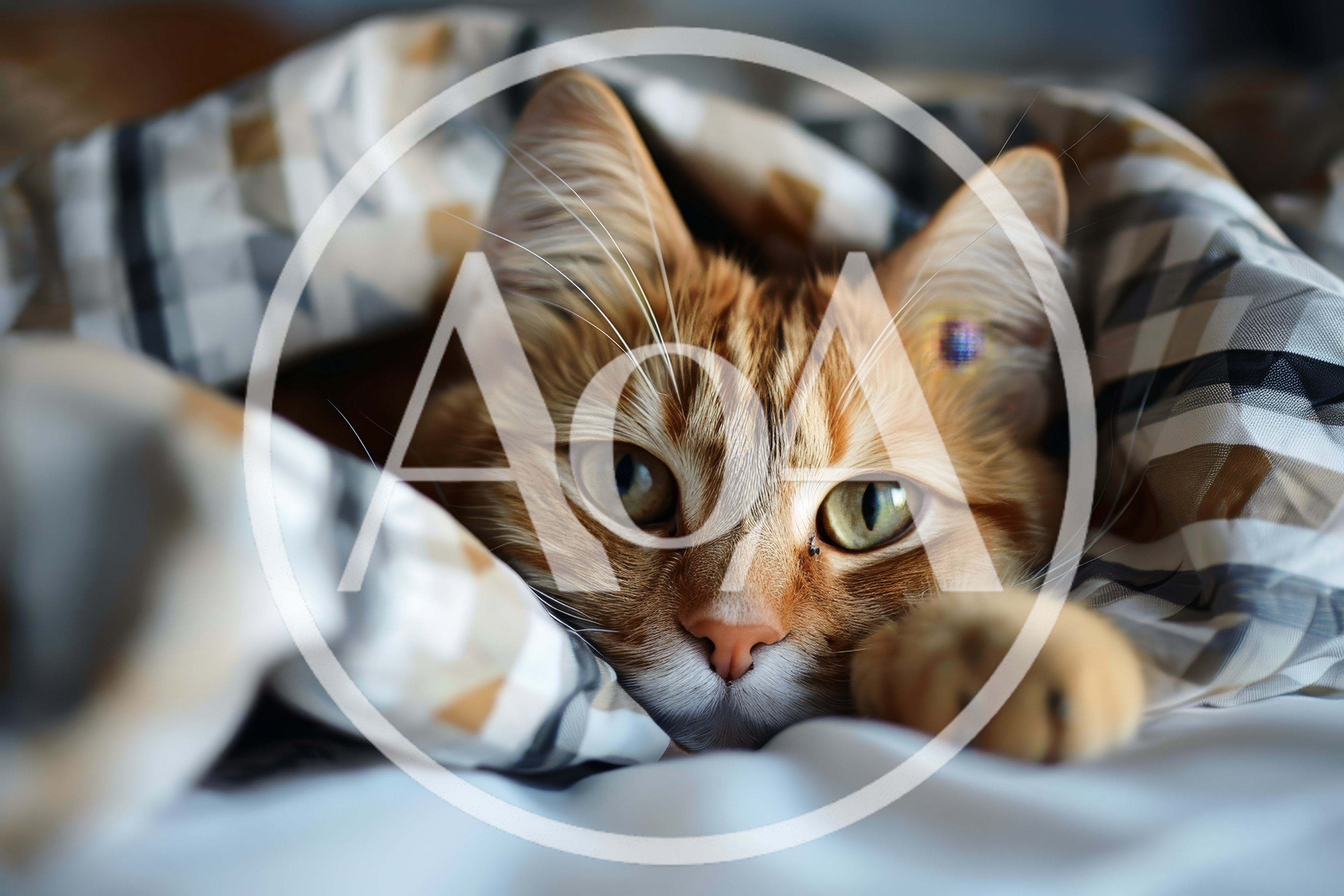 Cozy Ginger Cat Resting Under A Plaid Blanket
