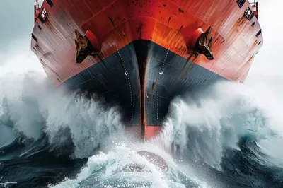 Large Cargo Ship Bow Cutting Through Rough Ocean Waves