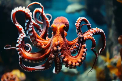 Vibrant Red Octopus Swimming In Deep Ocean Waters
