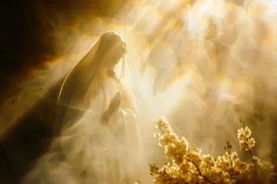 Statue Of The Virgin Mary Praying In Golden Light