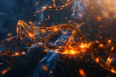 Glowing Golden DNA Helix Structure In Dark Space