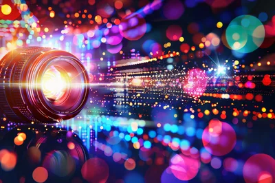 Camera Lens Projecting Abstract Digital Light Particles