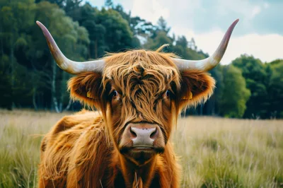 Highland Cow Standing In A Grassy Field
