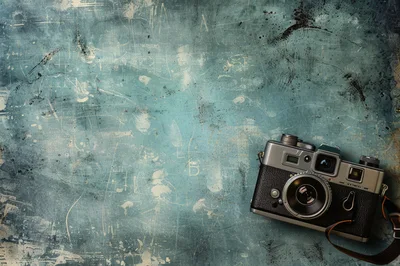 Vintage Film Camera On A Distressed Teal Background