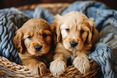 Two Adorable Golden Retriever Puppies Sitting In A Basket