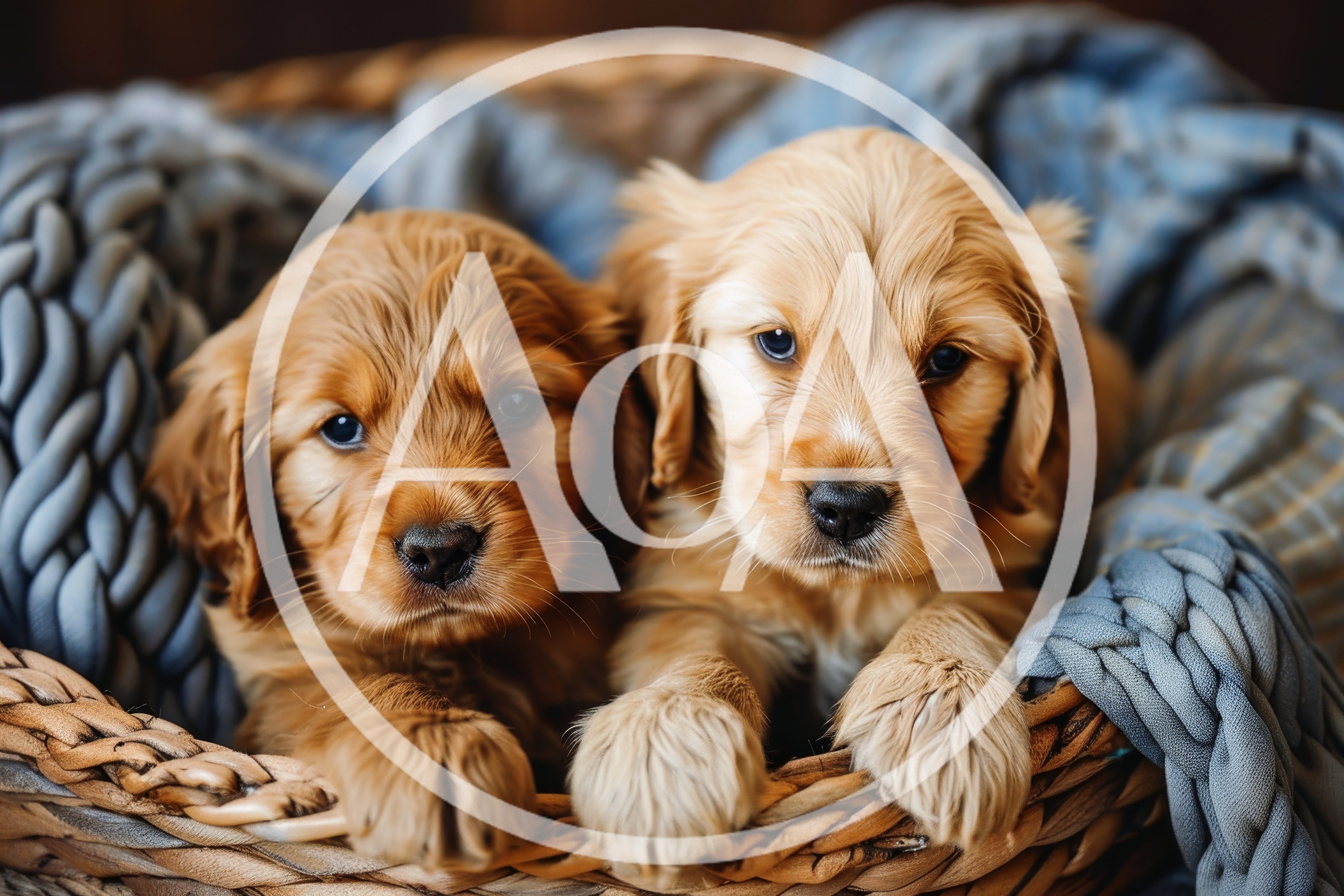 Two Adorable Golden Retriever Puppies Sitting In A Basket