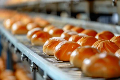Freshly Baked Buns Moving Along Industrial Conveyor Belt