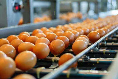Broken Egg on Industrial Conveyor Belt
