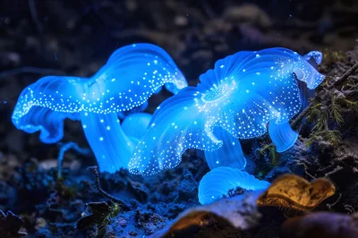 Bioluminescent Fungi Glowing In Dark Forest Floor