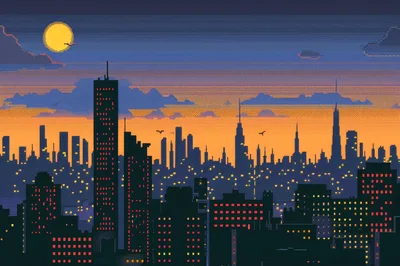 Pixel Art Cityscape Skyline At Sunset