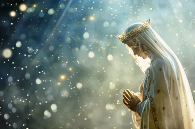 Statue Of The Virgin Mary Praying With Golden Bokeh