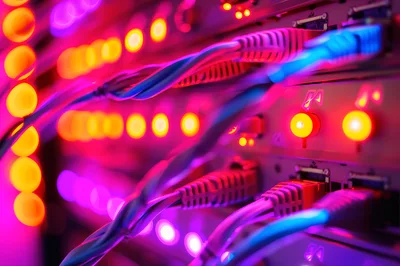 Data Center Server Rack With Glowing Network Cables