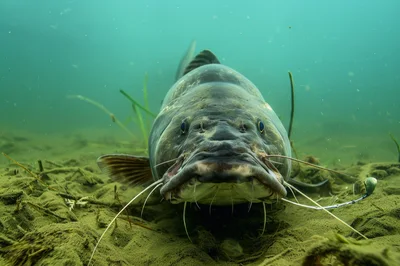 Large Catfish Swimming Near The Sandy Riverbed