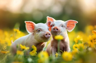 Two Cute Piglets Standing In A Field Of Flowers
