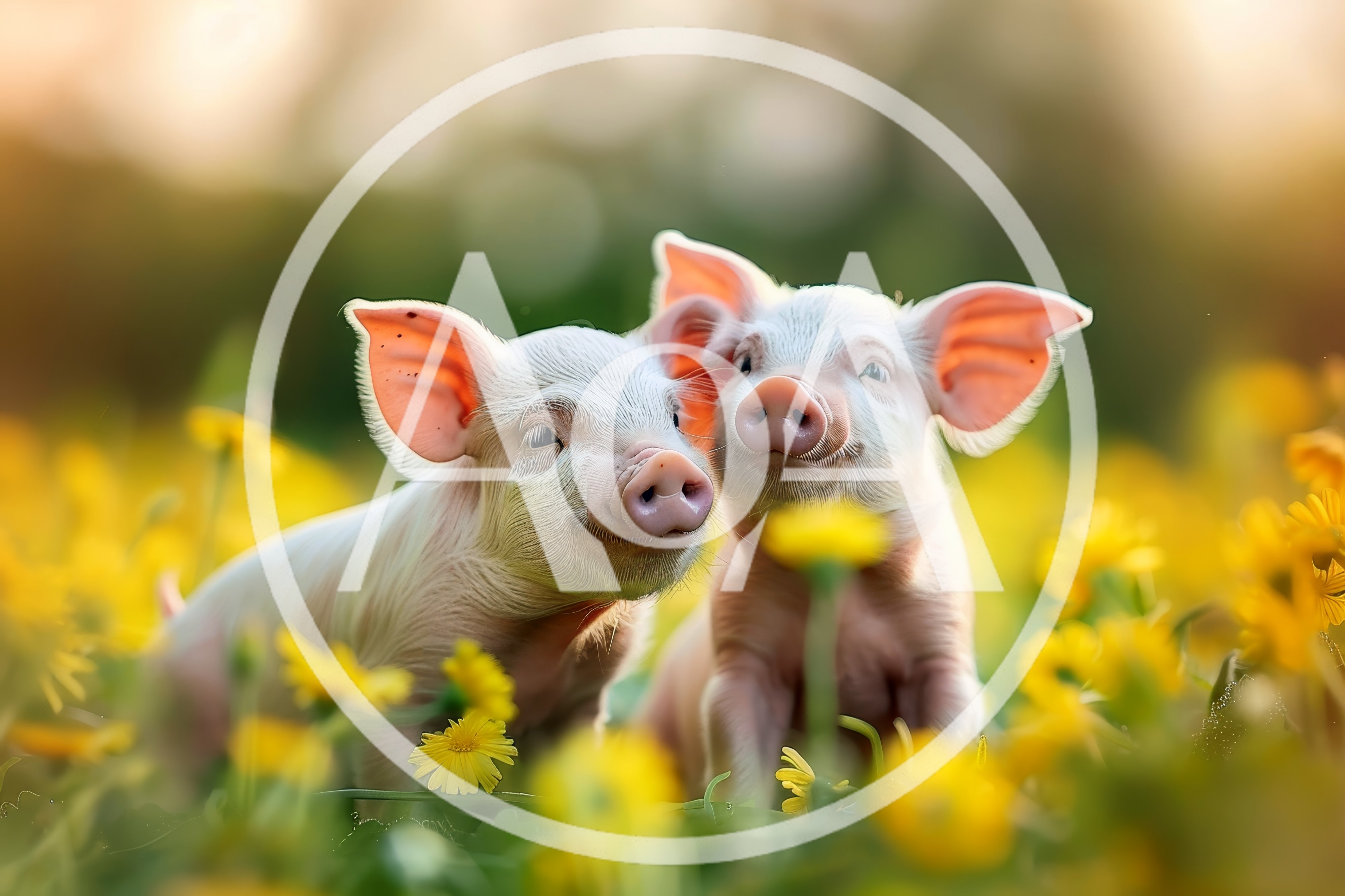 Two Cute Piglets Standing In A Field Of Flowers